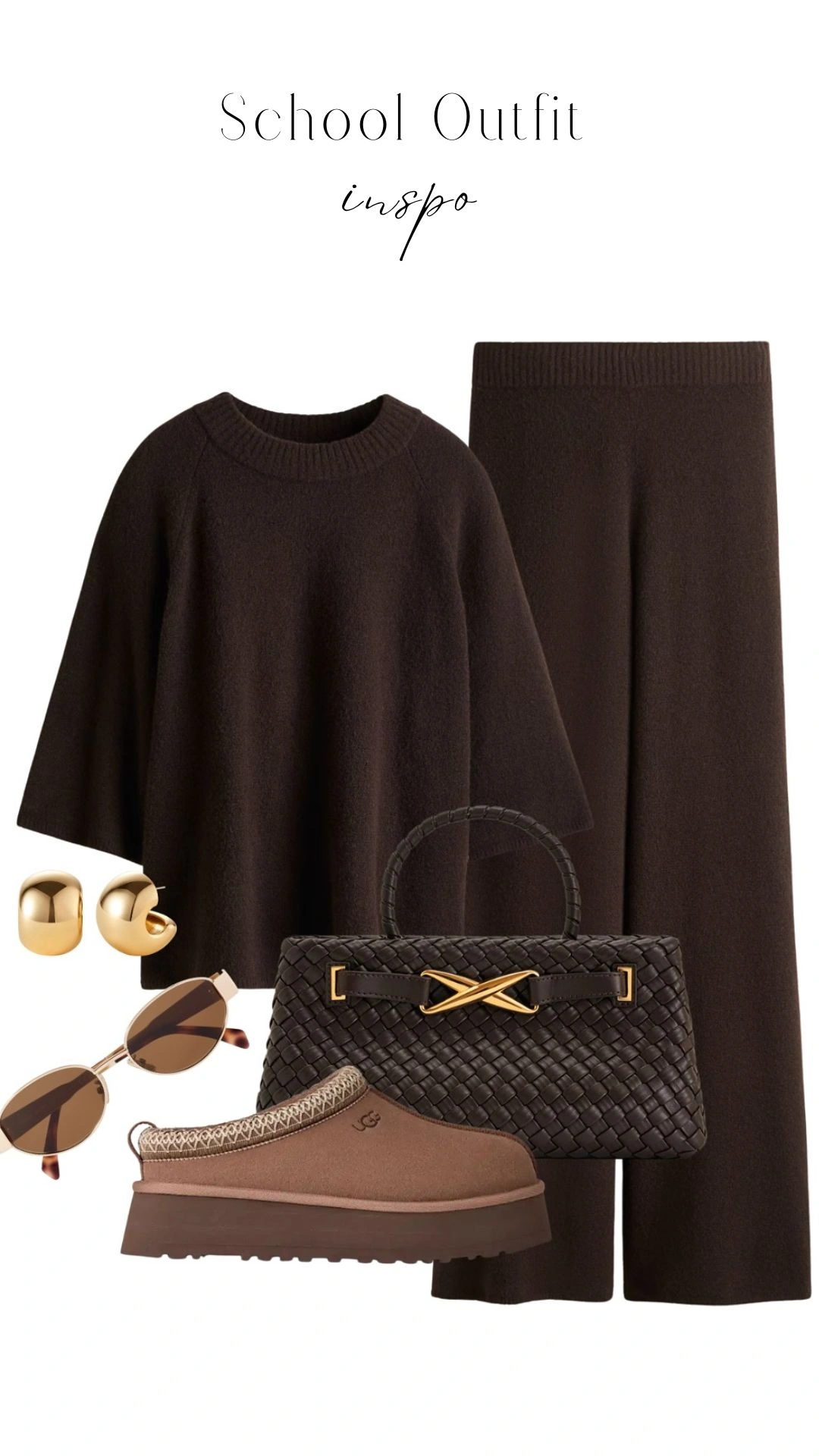 The outfit features a cozy, loose-fitting brown sweater with a ribbed neckline and matching brown wide-leg trousers, creating a streamlined silhouette. Standout details include a textured finish on the fabric, complementing the simple yet elegant design. Accessories include gold hoop earrings, stylish sunglasses with a warm brown tint, and brown slip-on shoes, enhancing the overall earthy color palette of the ensemble.