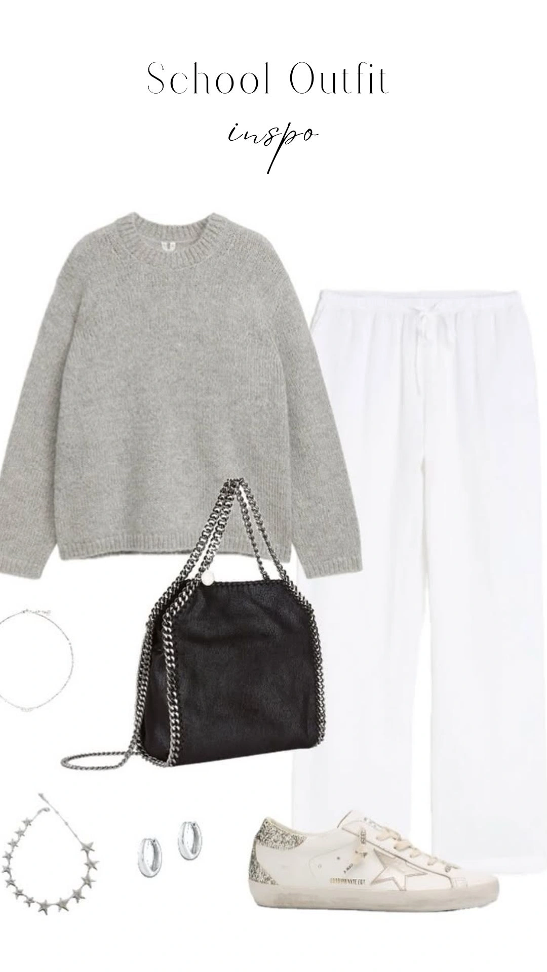 The outfit features a cozy, light gray knitted sweater with a classic crew neckline and long sleeves, paired with relaxed-fit white trousers that have an adjustable drawstring waist for comfort. Accessories include a black bag with silver chain straps, star-shaped silver earrings, and stylish off-white sneakers adorned with a subtle glitter detail, making it a fashionable yet comfortable school ensemble.