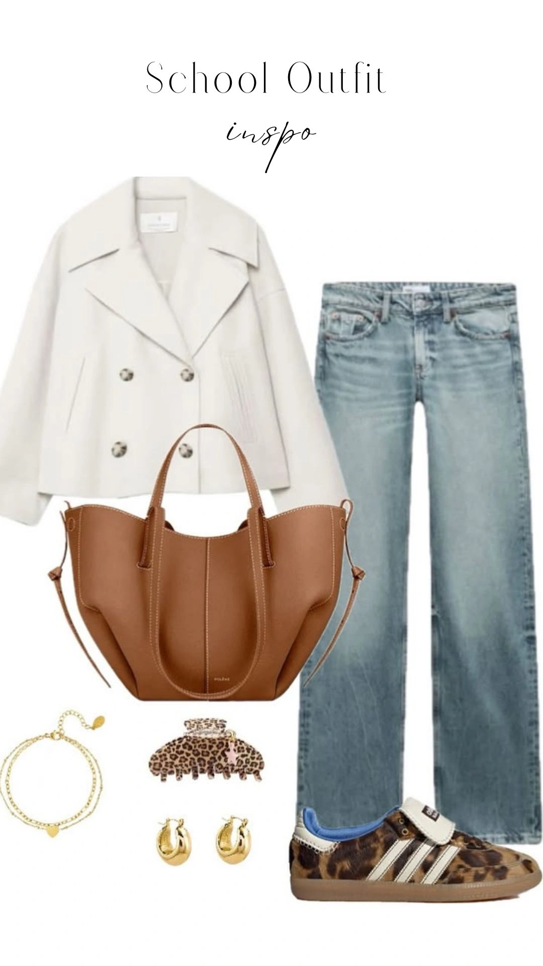The outfit features a structured cream double-breasted jacket with large buttons, paired with light blue, slightly distressed mom jeans that fit at the waist and taper down. Accessories include a spacious tan tote bag, gold hoop earrings, and a leopard-print hair clip, while the shoes are stylish brown sneakers with leopard print and blue accents.