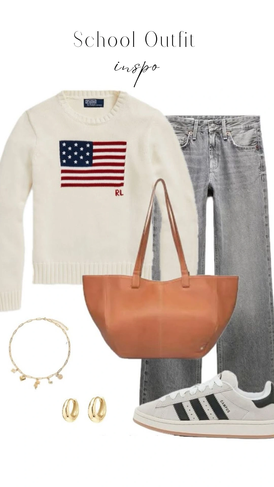 A casual school outfit features a cream-colored knit sweater with a textured U.S. flag graphic, paired with light-wash straight-leg jeans. Accessorized with a tan leather tote bag and subtle gold jewelry, the outfit is completed with white sneakers accented by black stripes.