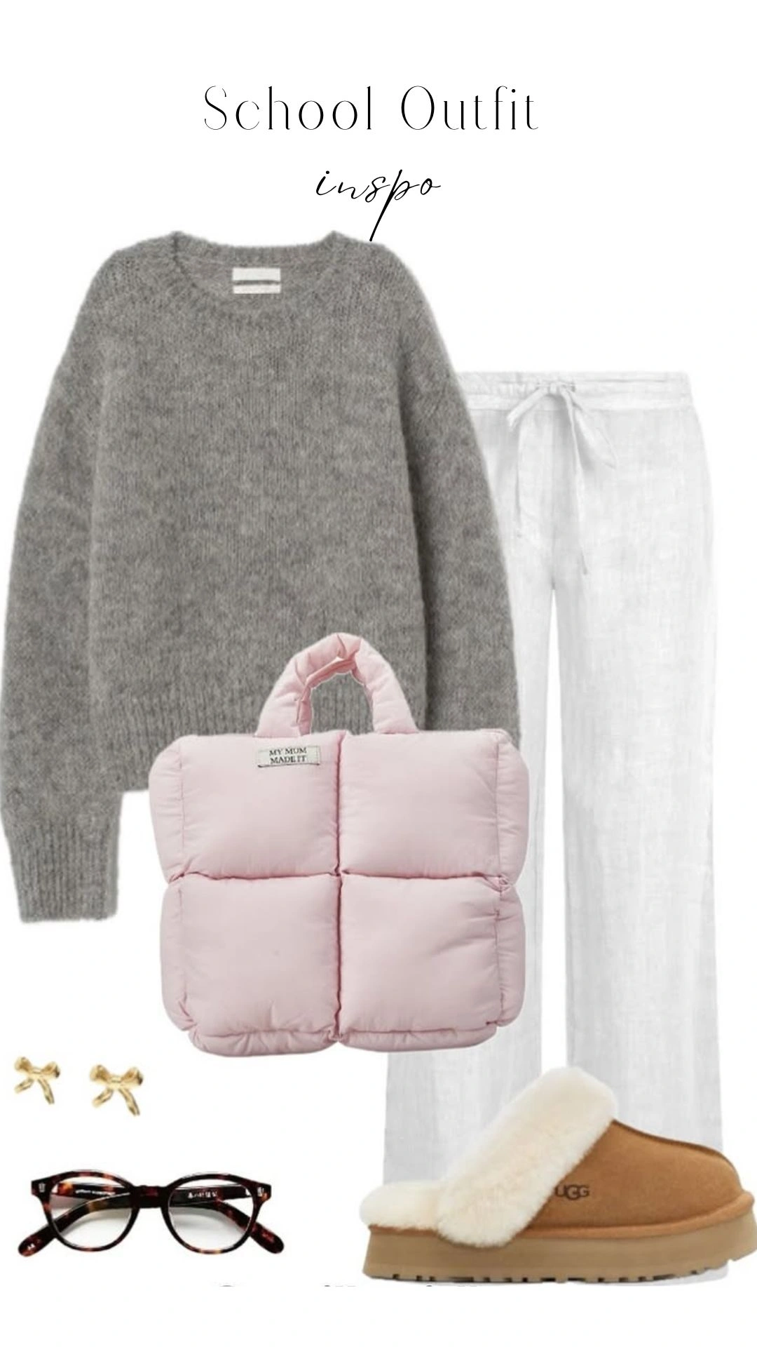 This outfit features a cozy gray knit sweater with a rounded neckline and long sleeves, paired with lightweight, loose-fitting white linen pants that have a relaxed silhouette and a drawstring waist. Accompanying accessories include a pastel pink quilted tote bag, stylish black cat-eye glasses, and tan slip-on slippers with a fluffy white lining, complemented by playful gold bow-shaped hair clips for a touch of whimsy.