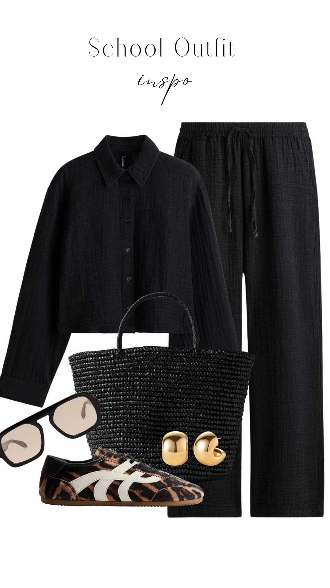 The outfit features a relaxed-fit, cropped black long-sleeve button-up shirt with a classic collar, paired with matching loose black drawstring pants for a cohesive look. Accessories include a black woven tote bag, stylish leopard print shoes with white accents, and oversized black sunglasses. Gold hoop earrings add a touch of elegance to this comfortable school outfit.