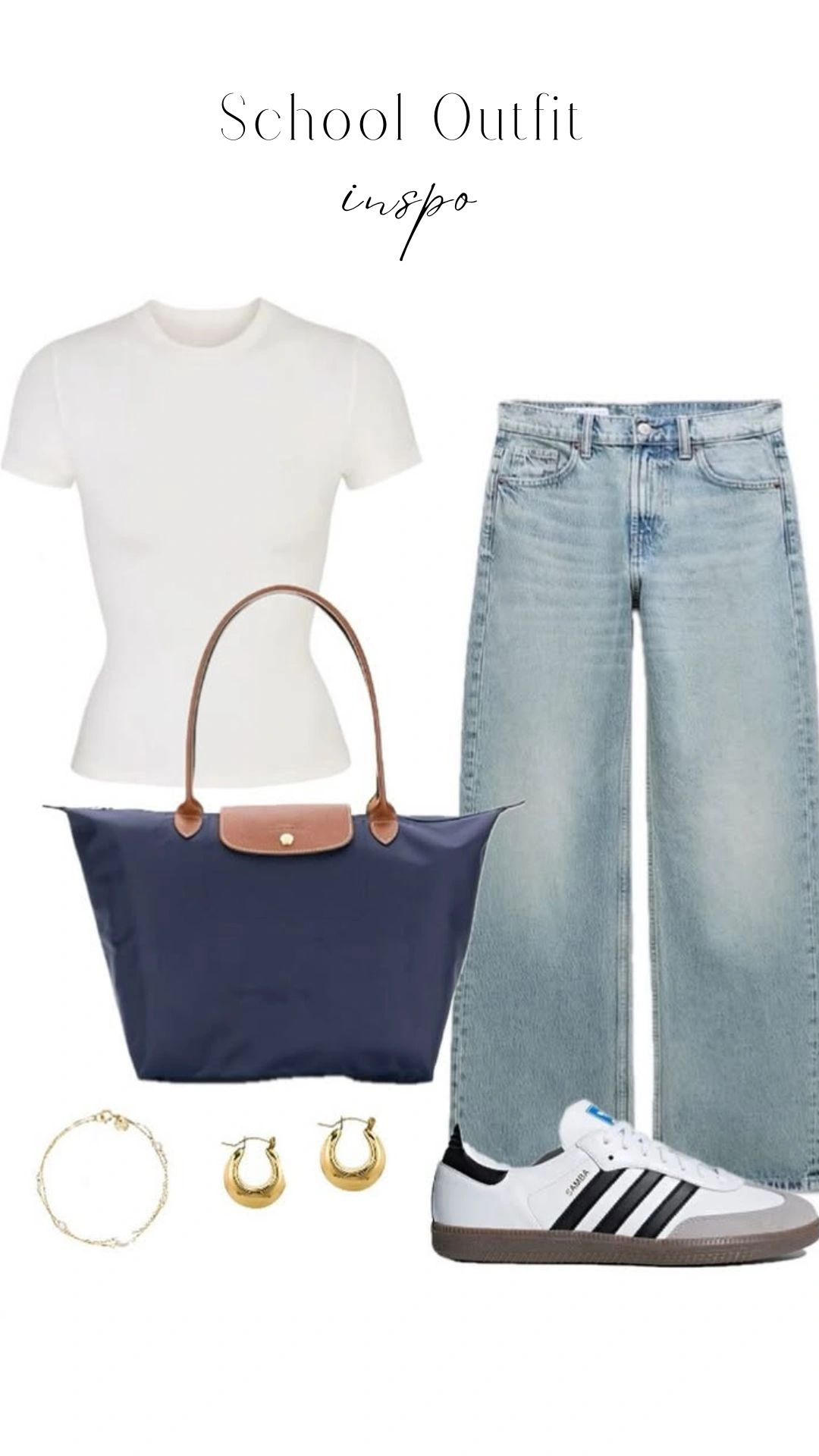 The outfit features a classic, fitted white crew-neck t-shirt paired with high-waisted light-wash wide-leg jeans that have a relaxed silhouette. Accessories include a stylish navy tote bag with brown leather detailing and white sneakers adorned with black stripes, complemented by gold hoop earrings for a touch of elegance. This combination offers a comfortable yet trendy look perfect for school settings.