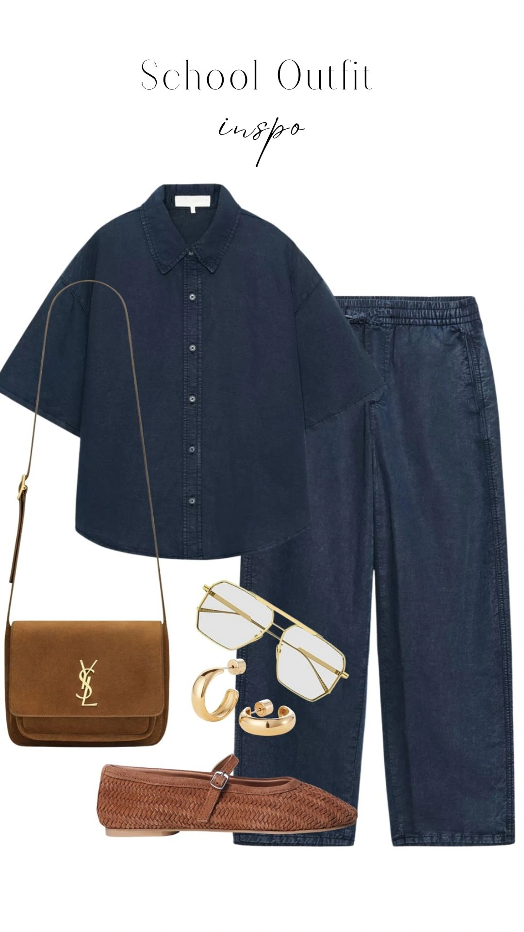 The outfit features a loose-fitting, short-sleeved navy button-up shirt with a classic collar paired with matching navy drawstring trousers, creating a cohesive and comfortable look. Accessories include a brown suede crossbody bag, minimalist gold hoop earrings, and chic rectangular sunglasses, all complemented by woven brown flats. This stylish ensemble combines subtle textures and a monochromatic color scheme, making it ideal for a school setting.