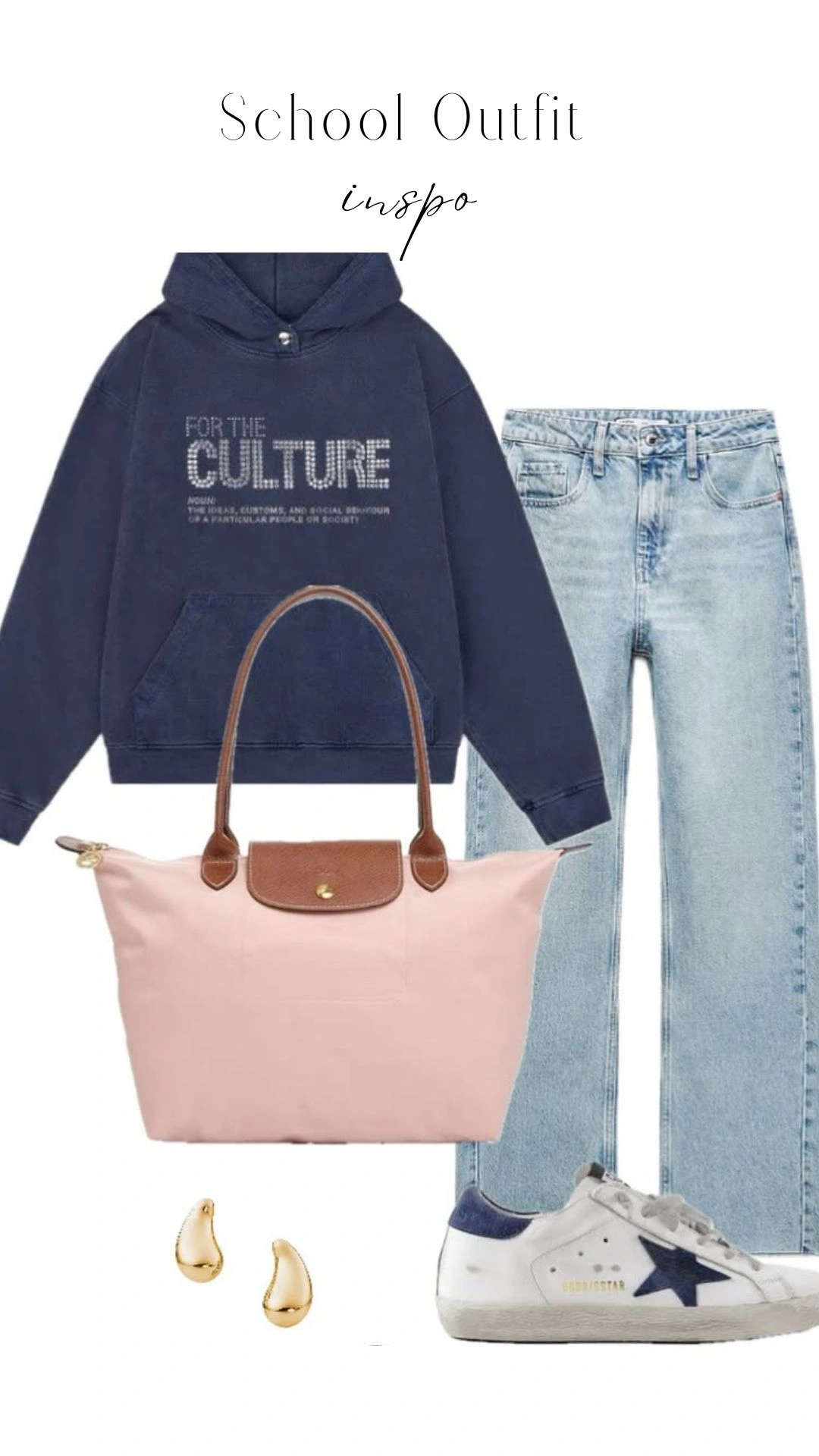 A navy hoodie features a sparkling silver graphic that reads "FOR THE CULTURE," highlighting a relaxed fit with a kangaroo pocket and a drawstring hood. Paired with light wash, high-waisted jeans, this outfit is complemented by a pink tote bag with brown leather accents and trendy white sneakers adorned with a dark blue star. The accessories include elegant gold teardrop earrings, adding a touch of sophistication to the casual look.
