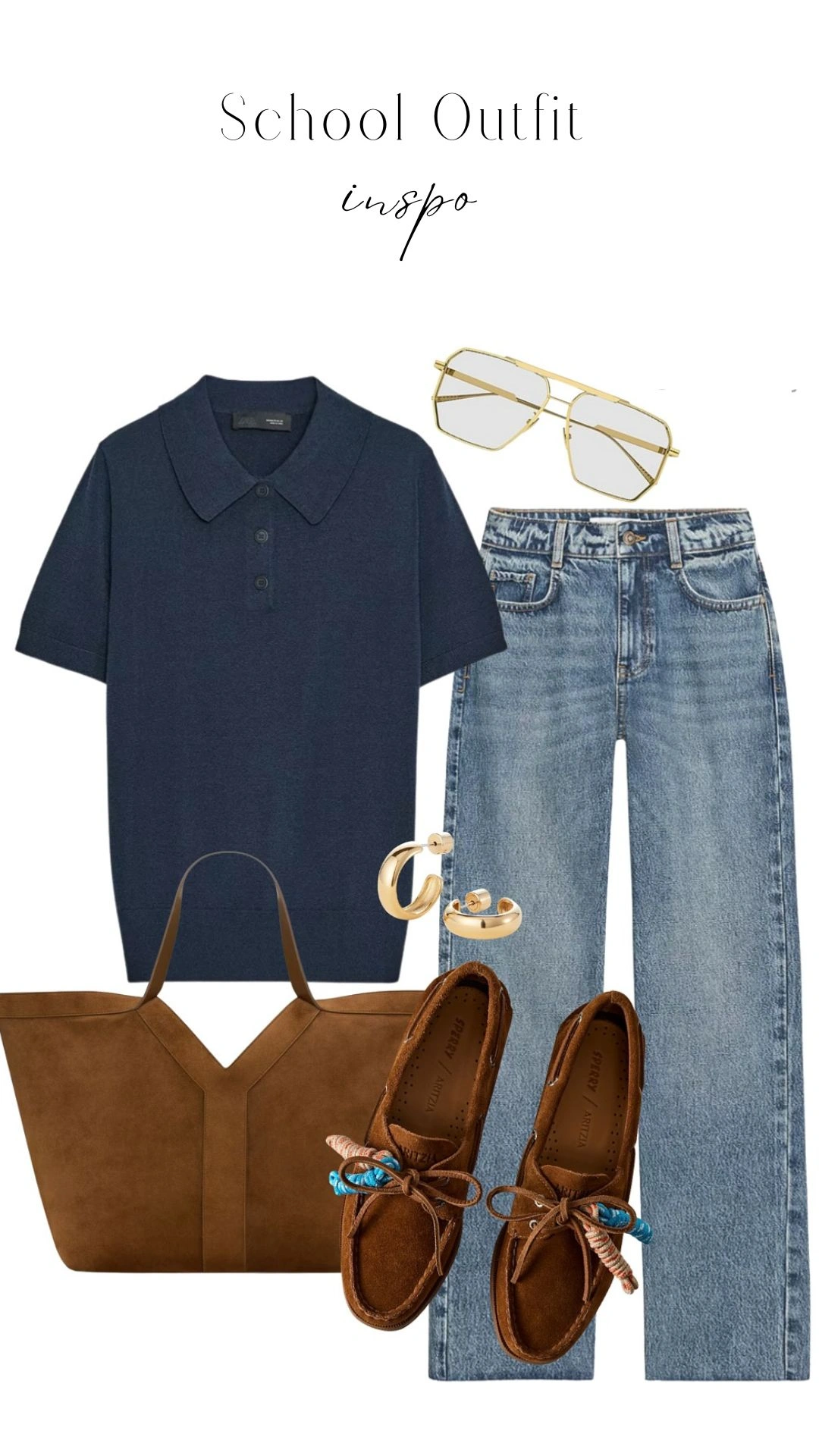 The outfit features a navy polo shirt with a classic collar and short sleeves, paired with light blue high-waisted straight-leg jeans that offer a relaxed fit. Complemented by brown suede moccasins adorned with a colorful bow and accessories including gold hoop earrings and a large brown tote bag, this ensemble presents a casual yet polished look suitable for school settings.