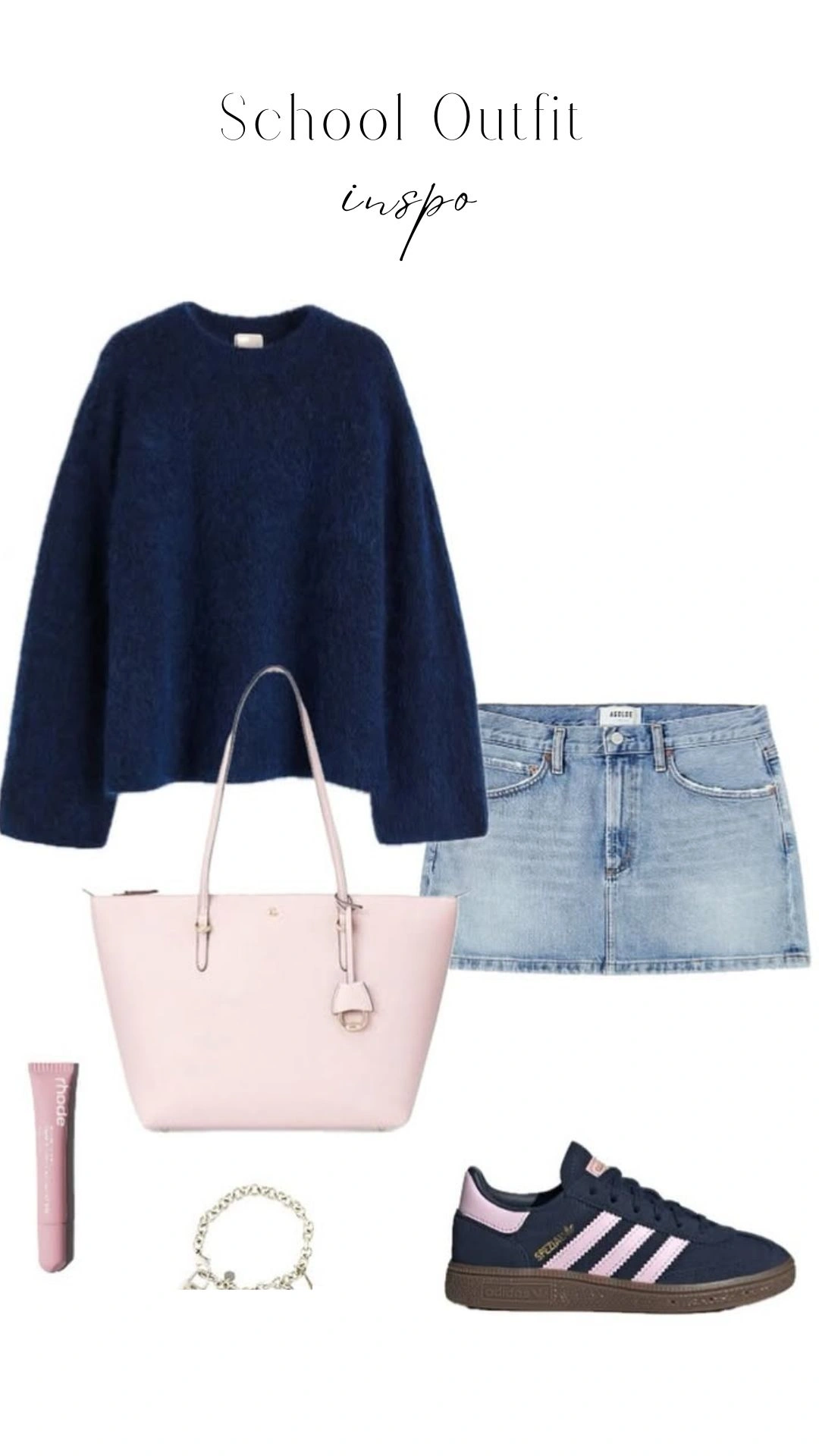 The outfit features a cozy navy blue, oversized knit sweater with long sleeves and a round neckline, paired with a light blue denim mini skirt that offers a casual, relaxed fit. Accessories include a blush pink structured tote bag, navy blue sneakers with pink accents, and a delicate silver bracelet, creating a stylish and harmonious color palette. The mix of textures and colors, along with the youthful style, makes this a versatile school outfit option.