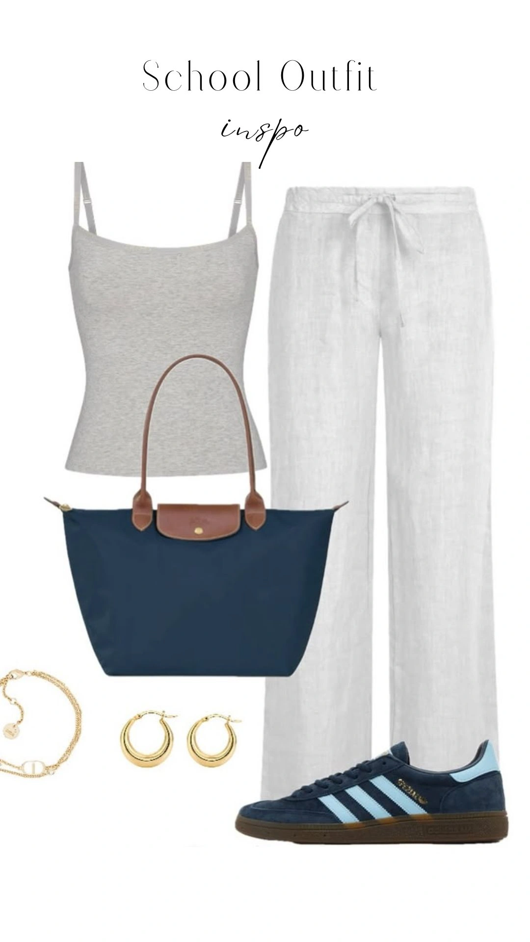 A light gray spaghetti strap tank top is paired with loose-fitting, white linen pants that feature a drawstring waist. The outfit is complemented by a navy tote bag with brown leather accents, stylish gold hoop earrings, and navy sneakers featuring light blue stripes for a cohesive school look.