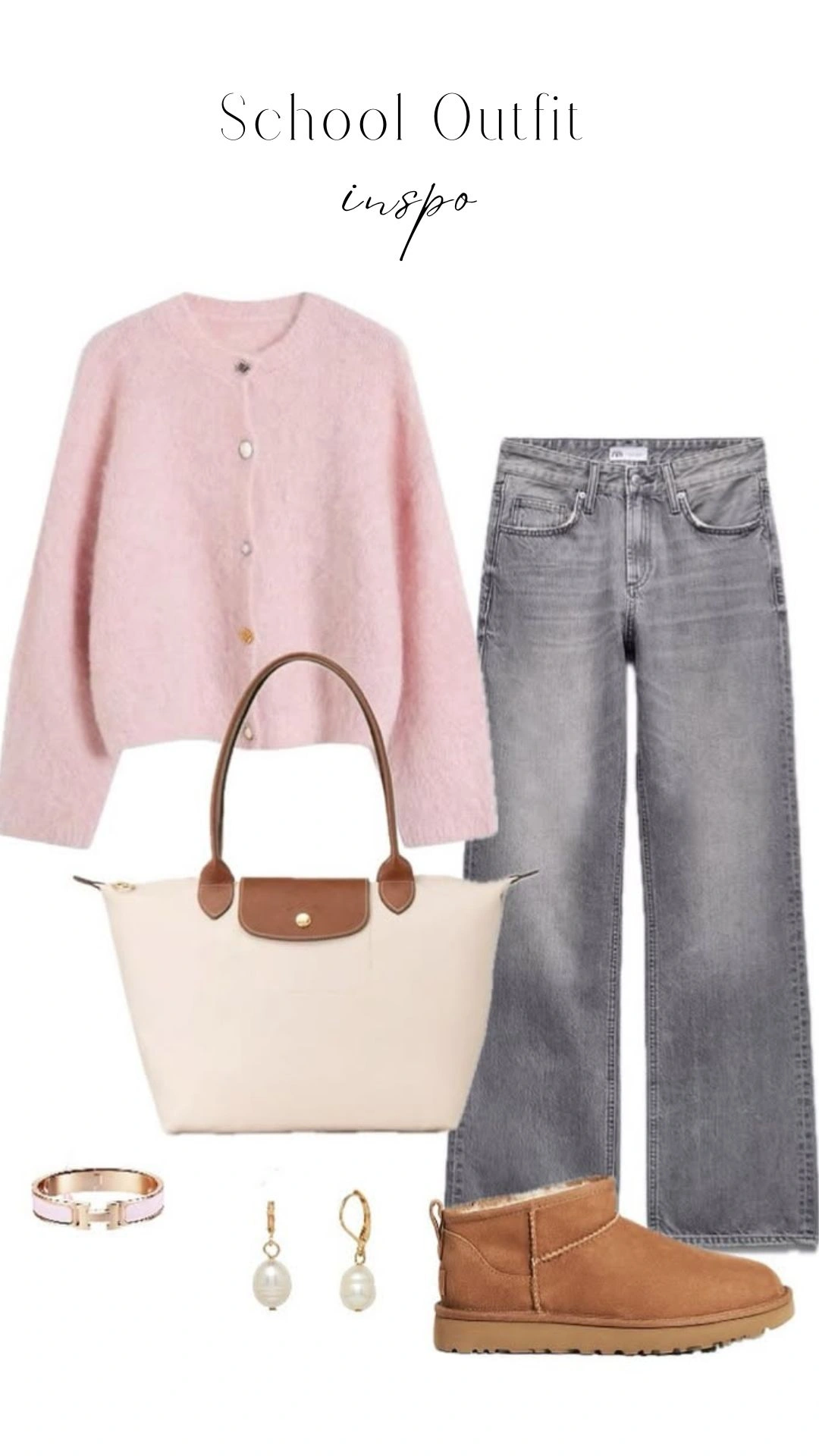 The outfit features a soft, pastel pink, fuzzy cardigan with long sleeves and a button front, paired with high-waisted, light gray wide-leg jeans. Completing the look are tan ankle boots, a cream bag with brown leather accents, and simple gold jewelry, including a pearl drop earring and a pink-banded bracelet. The combination of soft hues and textures creates a cozy yet stylish school outfit.