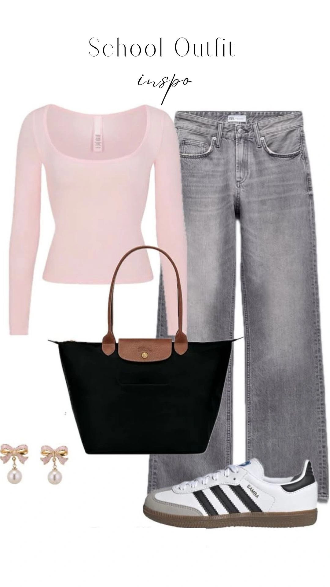 This school outfit features a fitted, long-sleeve top in soft pastel pink with a wide, rounded neckline paired with high-waisted, light gray jeans. Accessories include small pearl earrings with a pink bow design and classic white Adidas sneakers, offering a mix of comfort and style suitable for school settings. A black tote bag with a brown leather accent adds practicality and completes the look.