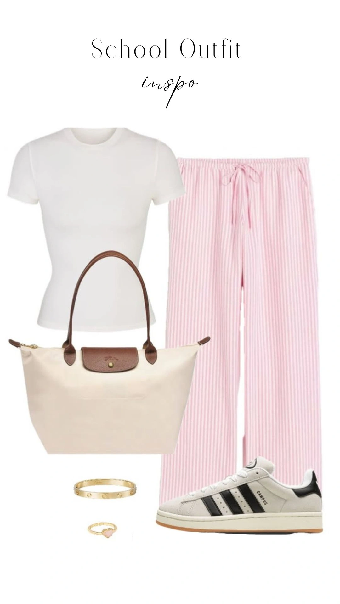 This school outfit features a classic white short-sleeve t-shirt paired with loose-fitting, light pink striped pajama-style pants, designed for comfort and ease of movement. Complementing the look are soft white sneakers with black accents and a beige tote bag with a brown leather handle, adding practicality and a subtle color contrast. The accessories include a simple gold bangle and a delicate heart-shaped ring, enhancing the outfit's casual elegance.