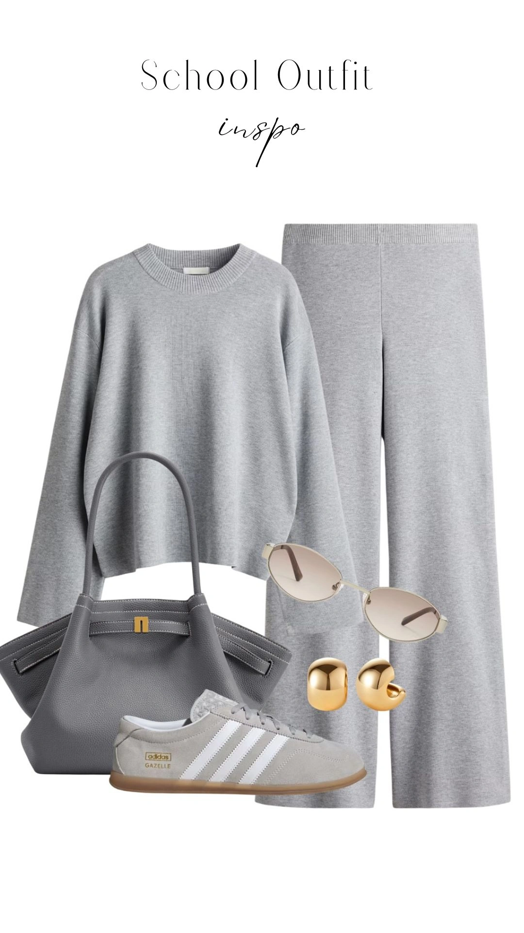 The outfit features a relaxed, cropped gray sweatshirt with long sleeves and a ribbed neckline, paired with high-waisted, soft gray wide-leg pants that offer a comfortable fit. The look is complemented by stylish gray Adidas Gazelle sneakers with white stripes, a sleek gray handbag, and minimalist gold earrings, creating a chic and cohesive ensemble perfect for school.