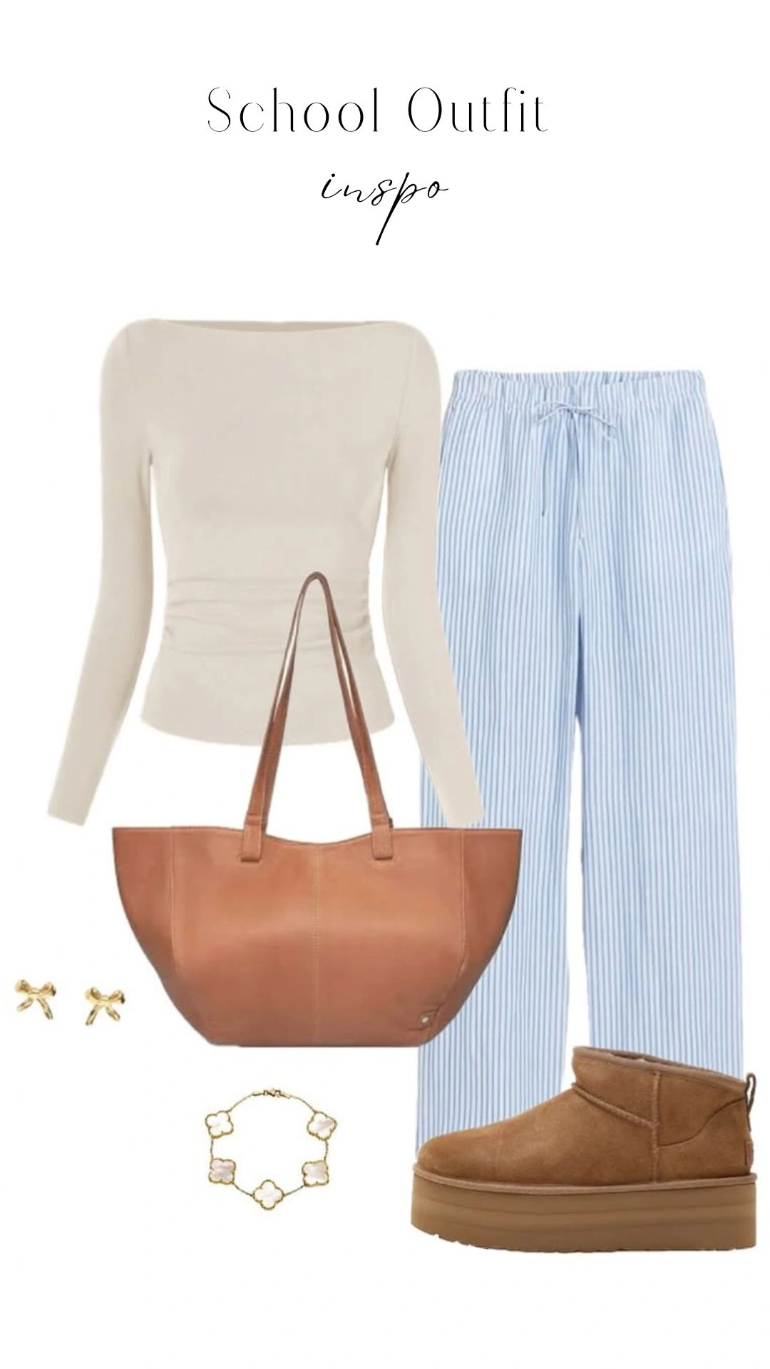 The outfit features a fitted, long-sleeve, off-white top with a straight neckline and gathered detailing at the sides, paired with comfortable, light blue striped wide-leg pants that have an elastic waistband and drawstring. Accessories include a tan leather tote bag, delicate golden bow earrings, and a matching floral link bracelet, complemented by brown ankle boots with a chunky sole. The overall color palette combines soft neutrals with a playful stripe pattern, creating a chic yet relaxed school look.
