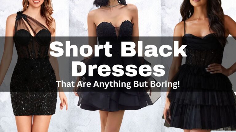 collection of short black dresses: The first dress features a form-fitting silhouette crafted from sheer fabric, adorned with intricate beading that enhances its glamorous appeal. It has a one-shoulder neckline, and the bodice seamlessly blends into a fitted skirt that ends mid-thigh, creating an elegant yet daring look. The embellishments and translucent details add visual interest, making this piece suitable for evening events.