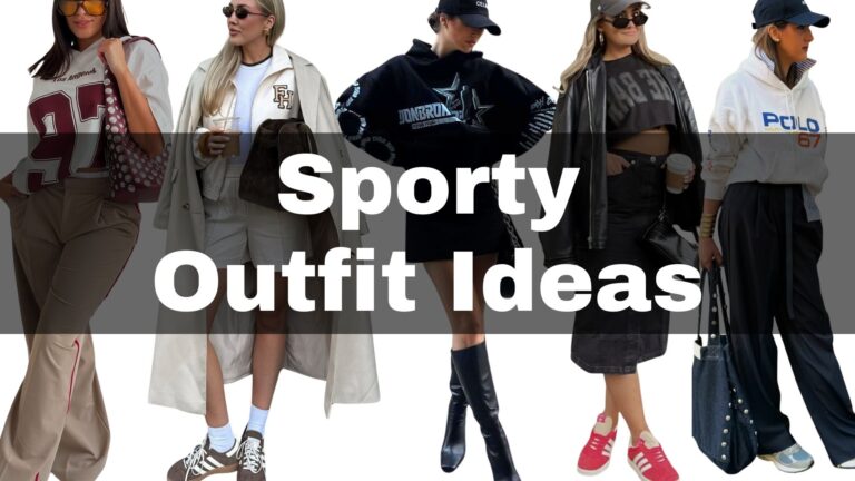 This sporty outfit features a mix of relaxed and stylish pieces, including an oversized hoodie in black with vibrant graphic details, paired with a sleek black pencil skirt and knee-high boots for an edgy touch. Accentuating comfort and style, additional outfits showcase casual elements like cropped sweatshirts and joggers in neutral tones, complemented by sporty sneakers in bright colors. Overall, the vibe is laid-back yet fashionable, merging athletic functionality with streetwear aesthetics.