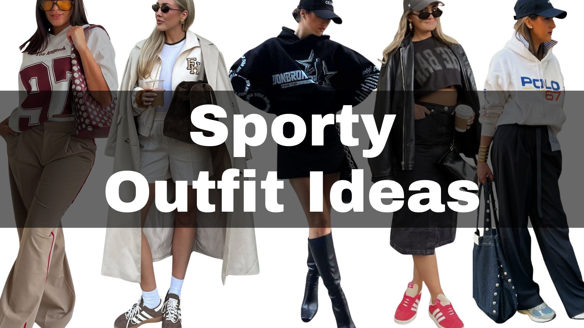 This sporty outfit features a mix of relaxed and stylish pieces, including an oversized hoodie in black with vibrant graphic details, paired with a sleek black pencil skirt and knee-high boots for an edgy touch. Accentuating comfort and style, additional outfits showcase casual elements like cropped sweatshirts and joggers in neutral tones, complemented by sporty sneakers in bright colors. Overall, the vibe is laid-back yet fashionable, merging athletic functionality with streetwear aesthetics.