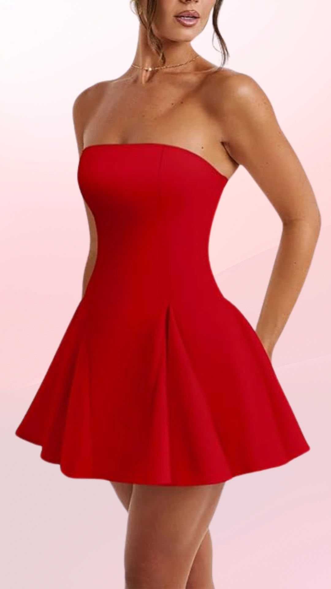 This strapless red dress features a fitted bodice that transitions into a flared skirt, crafted from a smooth, stretchy fabric that enhances comfort and movement. The vibrant cherry red hue creates a bold statement, making it an ideal choice for homecoming or school dances, offering a trendy, youthful vibe perfect for teenage girls.