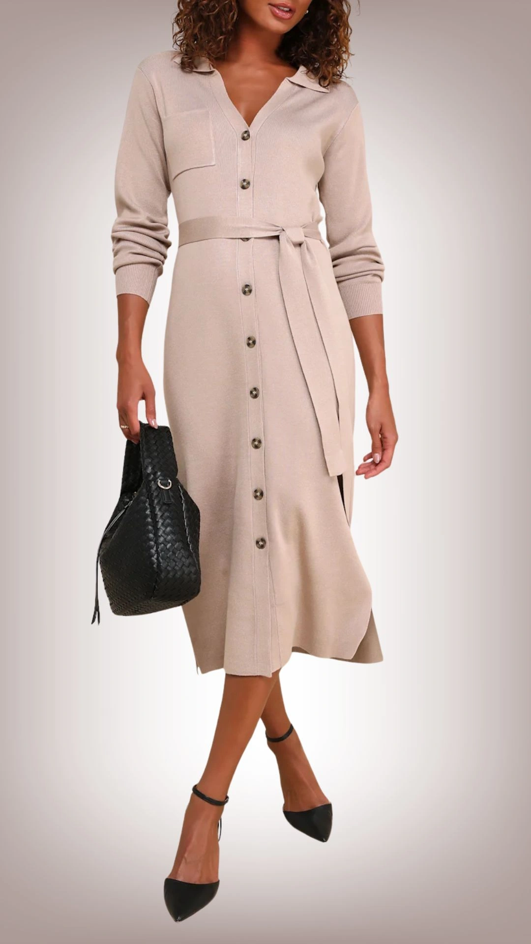 This sweater dress features a soft beige hue with a button-down front and a collared neckline, complemented by a matching fabric belt to cinch the waist. The design includes long sleeves with fitted cuffs, a subtle patch pocket at the chest, and a midi length that flows gently with a slight A-line silhouette. The knitted texture adds warmth and sophistication, making it versatile for both casual and semi-formal occasions.