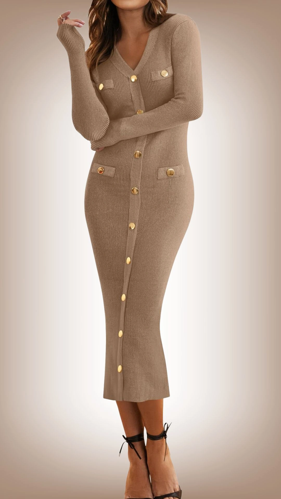 This sweater dress features a figure-hugging silhouette, accentuated by a ribbed texture that adds depth. It is a soft beige color, detailed with golden buttons down the front and two pockets adorned with similar buttons, enhancing its chic appeal. The dress has a deep V-neckline and long sleeves, making it versatile for various occasions.