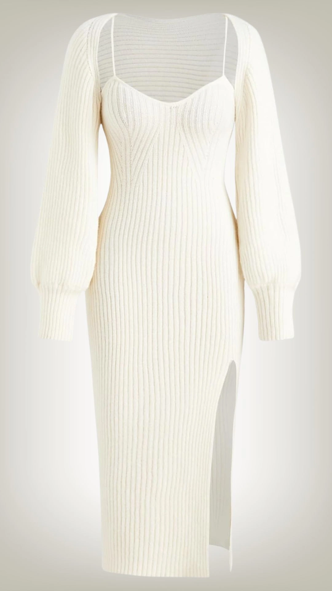 This sweater dress features a fitted silhouette with vertical ribbed knit texture, offering a chic, body-hugging fit. The color is a soft, creamy white, complemented by voluminous, puffed sleeves and a stylish side slit, enhancing both comfort and elegance. The sweetheart neckline adds a feminine touch, making this dress perfect for versatile occasions.