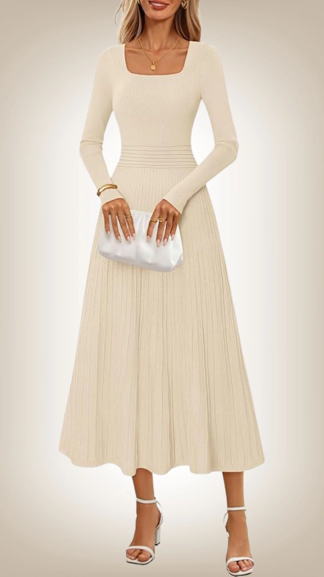 This sweater dress features a fitted bodice with a square neckline and long sleeves, crafted from a soft, ribbed knit fabric that hugs the body before flaring into a pleated midi skirt. In a warm, creamy beige tone, the dress accentuates the waist while offering a graceful, flowing silhouette that enhances movement. Ideal for transitional weather, it pairs well with delicate accessories for a chic and comfortable look.