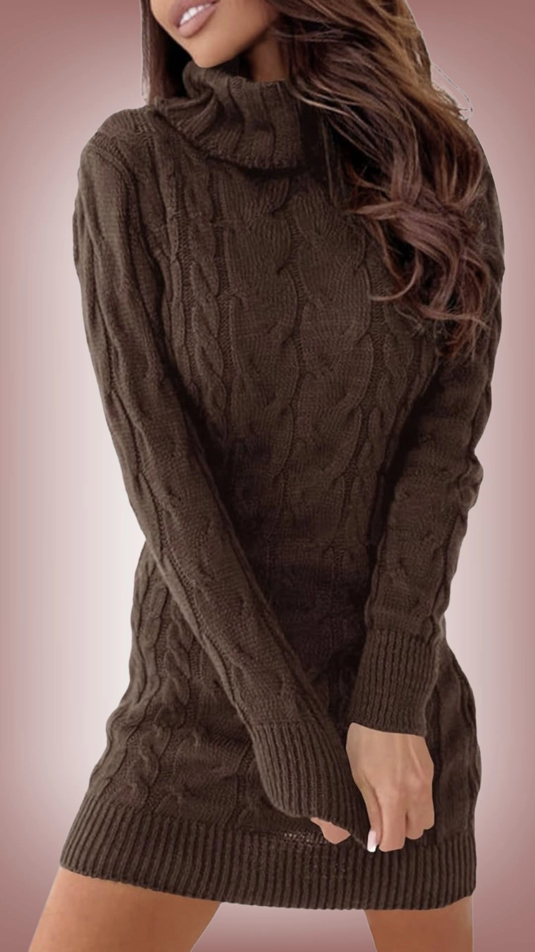 This sweater dress features a relaxed fit with a high, cozy turtleneck and long sleeves, made from a soft, textured knit showcasing a classic cable pattern. The rich chocolate brown color adds warmth, while the fitted silhouette accentuates the body without being too tight, finishing just above the knees to create a chic, modern look. The ribbed cuffs and hem add a refined touch, enhancing both comfort and style.
