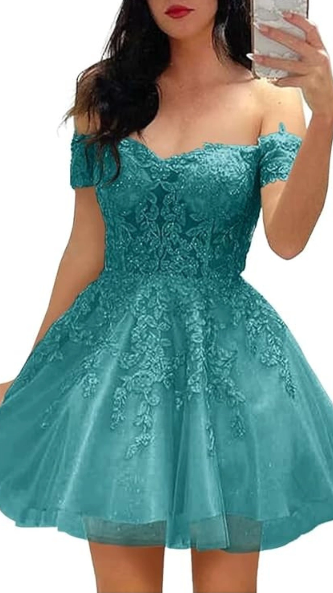 This teal homecoming dress features an elegant off-the-shoulder neckline with delicate embroidery throughout, creating a textured and detailed aesthetic. The fitted bodice and flared skirt provide a youthful, playful vibe, making it an ideal choice for teens attending a formal event or school dance.