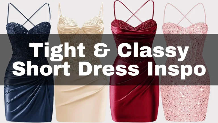 A collection of classy and tight short dresses that are perfect for homecoming dances showcasing diverse styles, including black, champagne gold, red and soft pink bodycon mini dresses in satin fabric with beautiful and unique embellishments