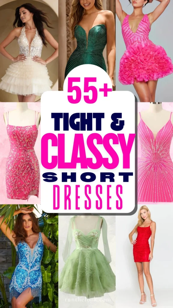 collection of tight yet classy short dresses in bright vibrant colors that are perfect for semi-formal dance parties and homecoming celebrations