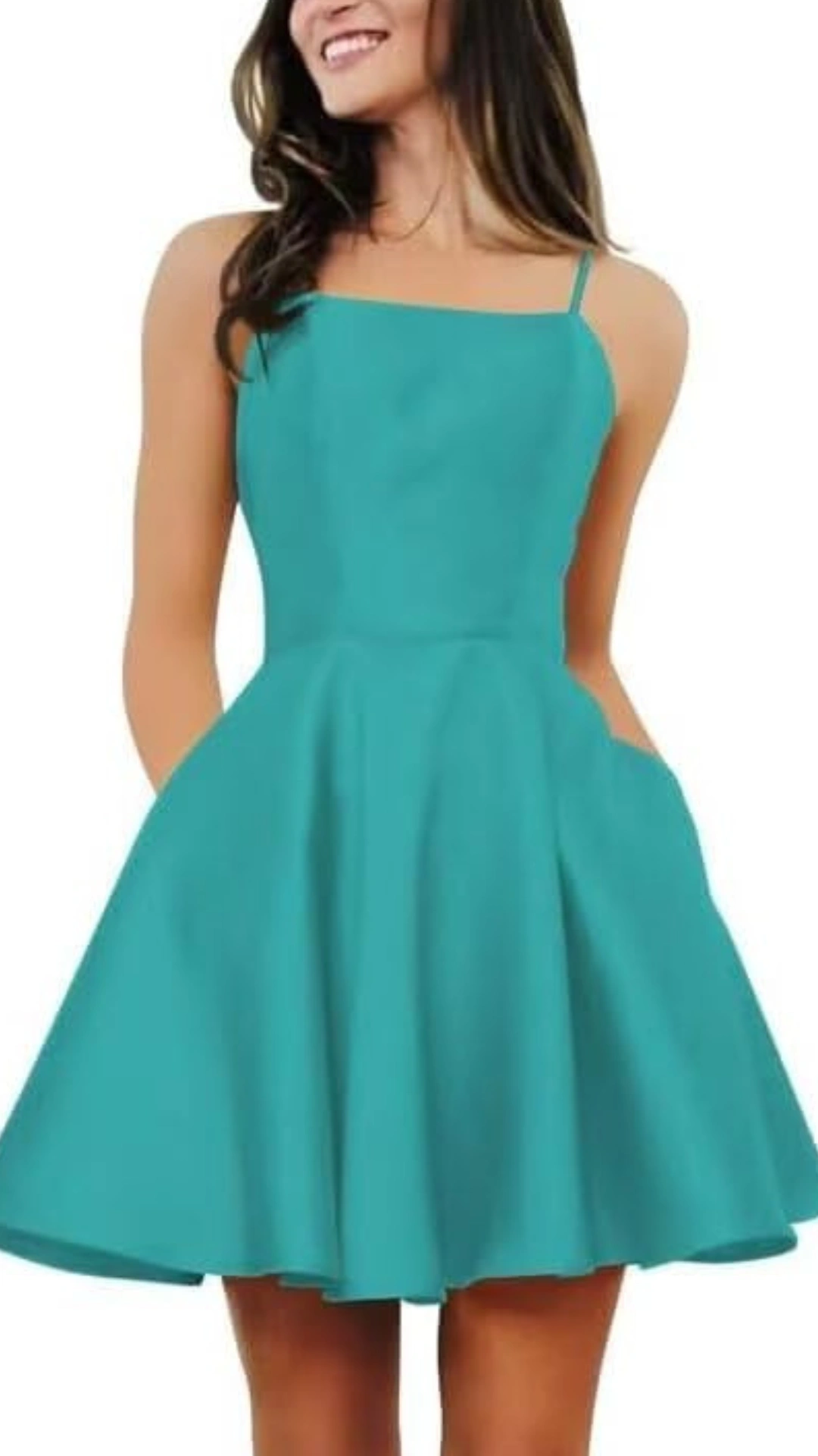 This vibrant turquoise homecoming dress features a simple A-line silhouette with adjustable spaghetti straps and practical side pockets, creating a playful yet chic look. Made from a lightweight, smooth fabric, it offers a comfortable fit that flares gently from the waist, making it perfect for a lively school dance or formal event for teens.