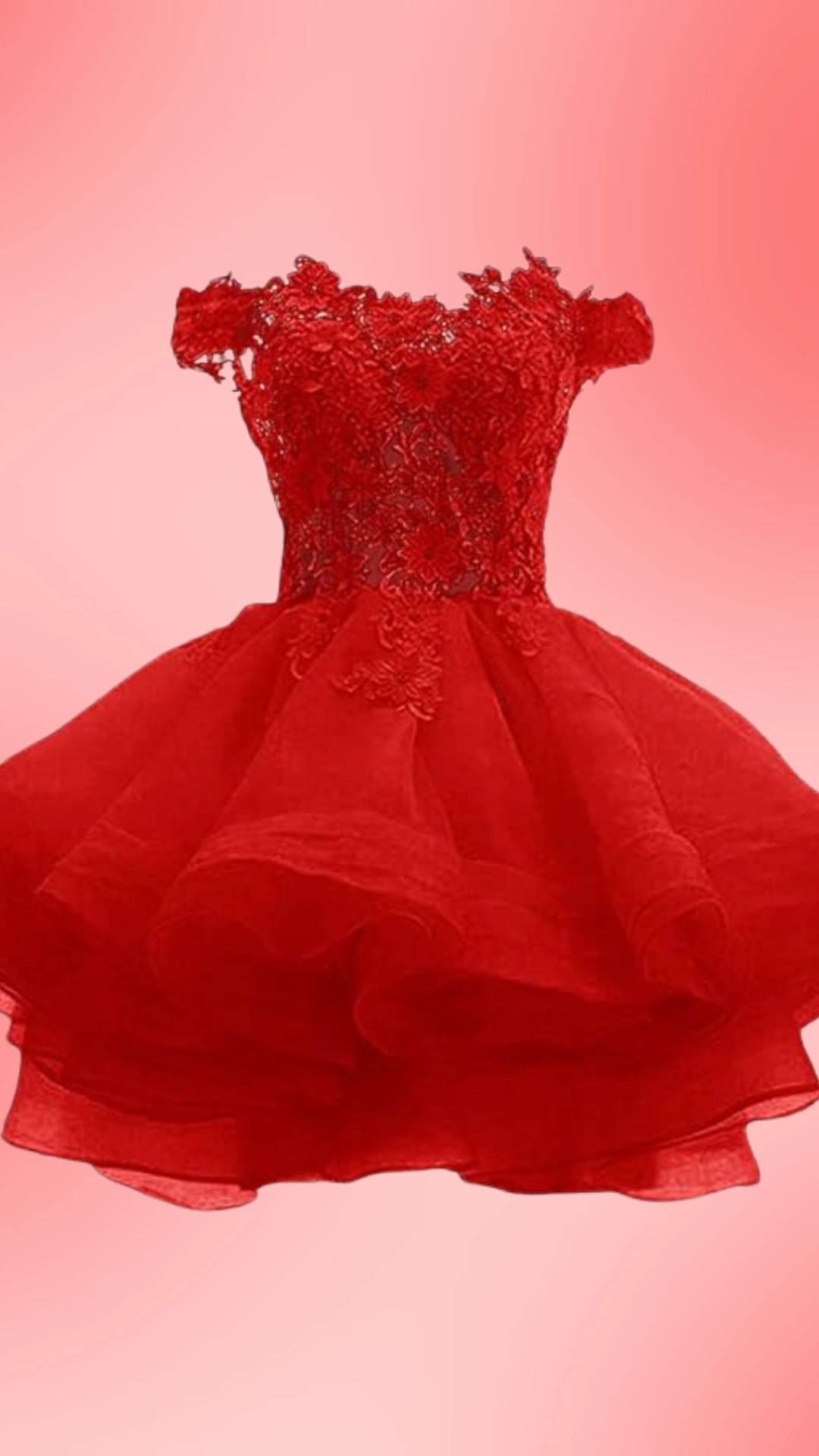 This vibrant red homecoming dress features a fitted bodice with intricate floral lace detailing, complemented by off-the-shoulder sleeves, and a voluminous tulle skirt that creates a playful silhouette. Ideal for teenage girls, this dramatic and romantic piece is perfect for school dances or formal events, exuding a bold and enchanting vibe.