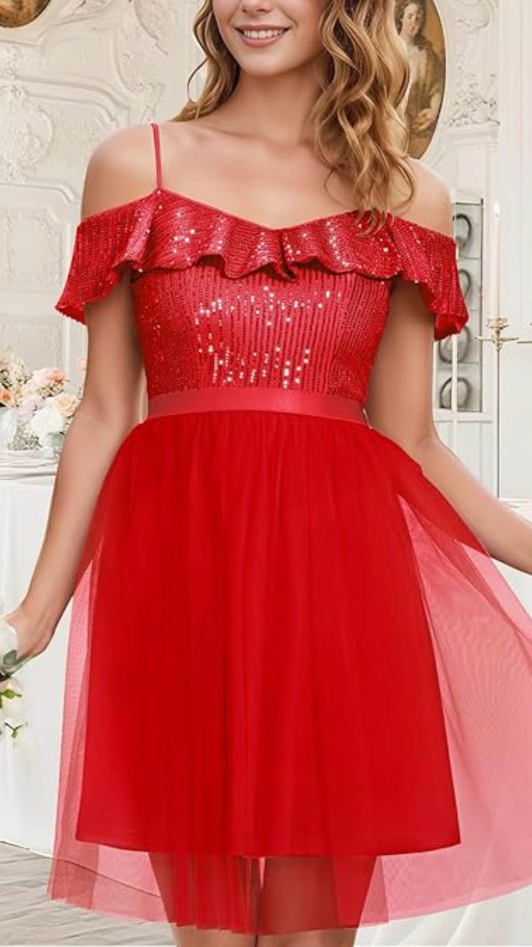This vibrant red homecoming dress features a fitted bodice adorned with shimmering sequins and a playful ruffle detail along the off-the-shoulder sleeves, creating a festive and eye-catching look. The dress has a flared skirt made from soft tulle, offering a playful volume that complements its romantic and youthful vibe, perfect for a school dance or party setting.